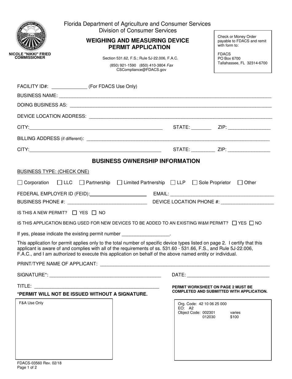 Form FDACS-03560 Weighing and Measuring Device Permit Application - Florida, Page 1