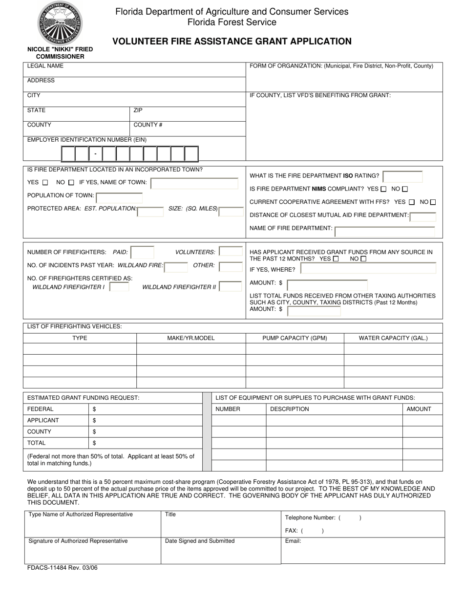 Form FDACS-11484 Volunteer Fire Assistance Grant Application - Florida, Page 1