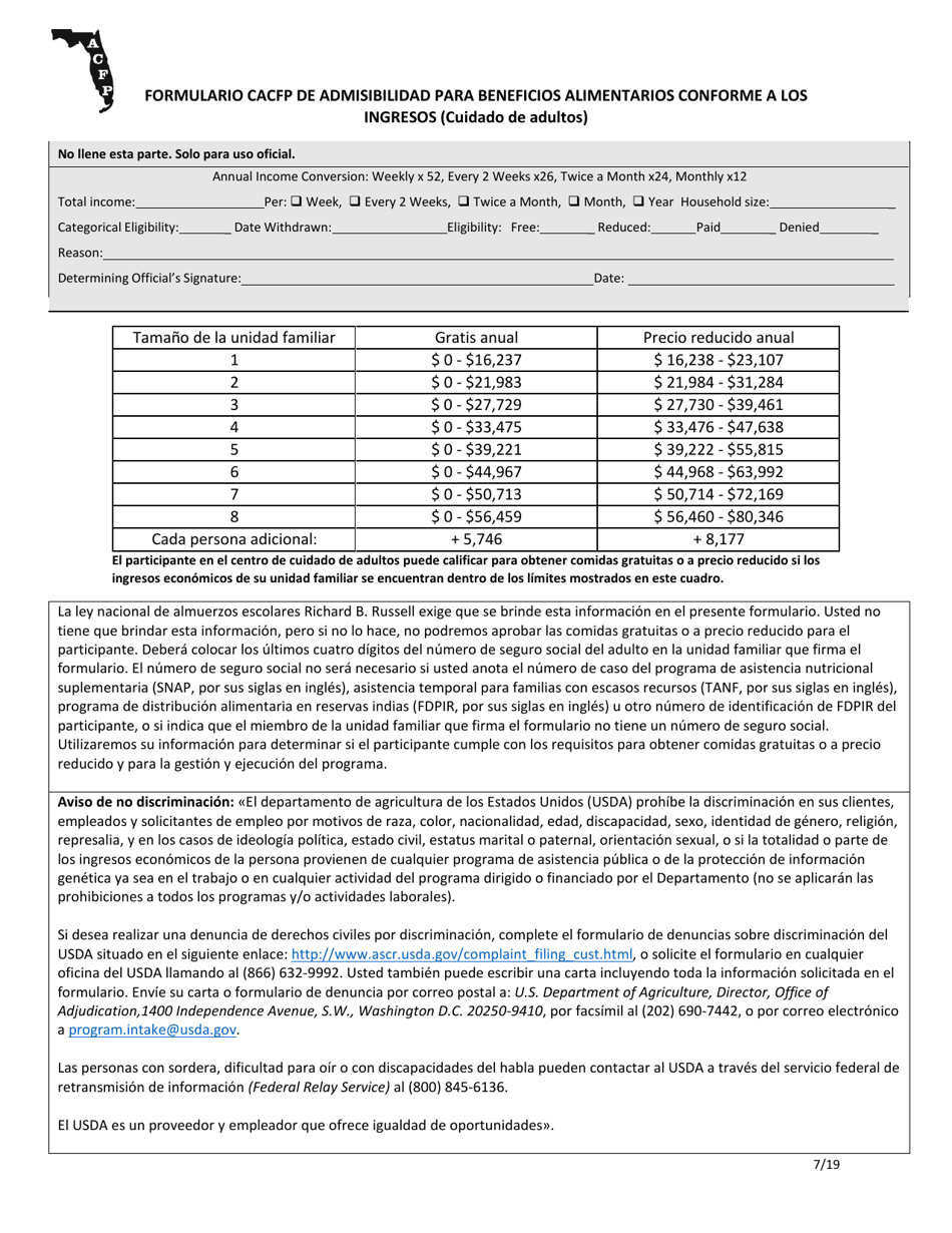 Formulario CACFP De Admisibilidad Para Beneficios Alimentarios Conforme a Los Ingresos (Cuidado De Adultos) - Florida (Spanish), Page 2