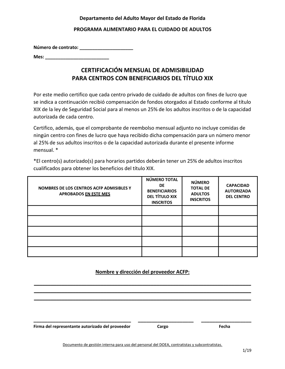 Certificacion Mensual De Admisibilidad Para Centros Con Beneficiarios Del Titulo Xix - Florida (Spanish), Page 1