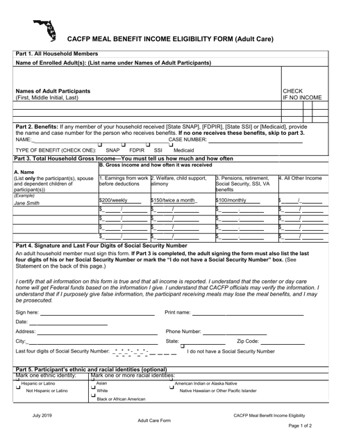CACFP Meal Benefit Income Eligibility Form (Adult Care) - Florida Download Pdf