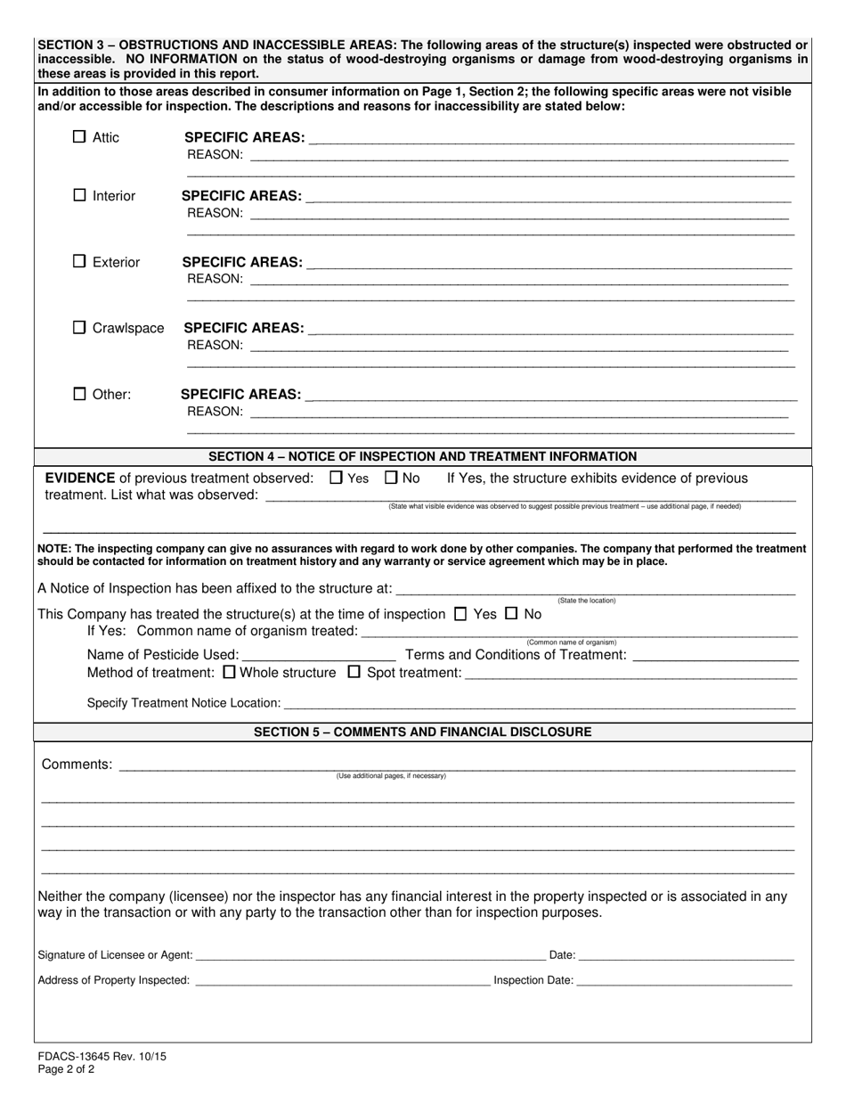 Form FDACS-13645 Wood-Destroying Organisms Inspection Report - Florida, Page 2