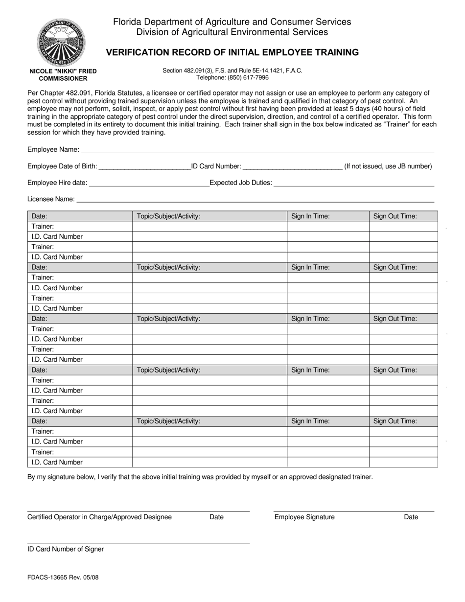 Form VDACS-13665 Verification Record of Initial Employee Training - Florida, Page 1