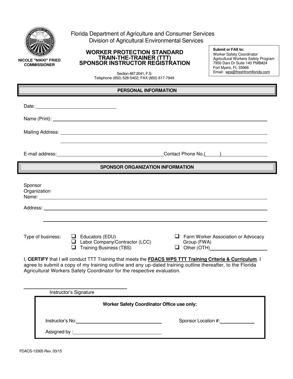 Form FDACS-13365 Worker Protection Standard Train-The-Trainer (Ttt) Sponsor Instructor Registration - Florida, Page 1