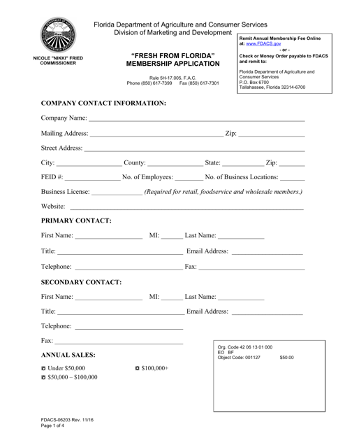 Form FDACS-06203  Printable Pdf