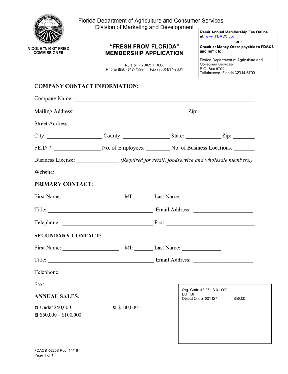 Form FDACS-06203 fresh From Florida Membership Application - Florida, Page 1