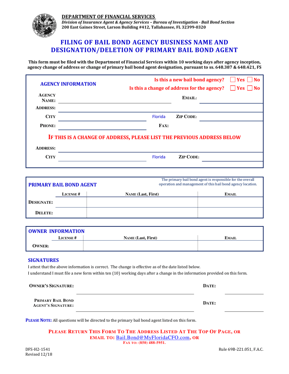 Form DFS-H2-1541 Designation or Deletion of Primary Bail Bond Agent - Florida, Page 1