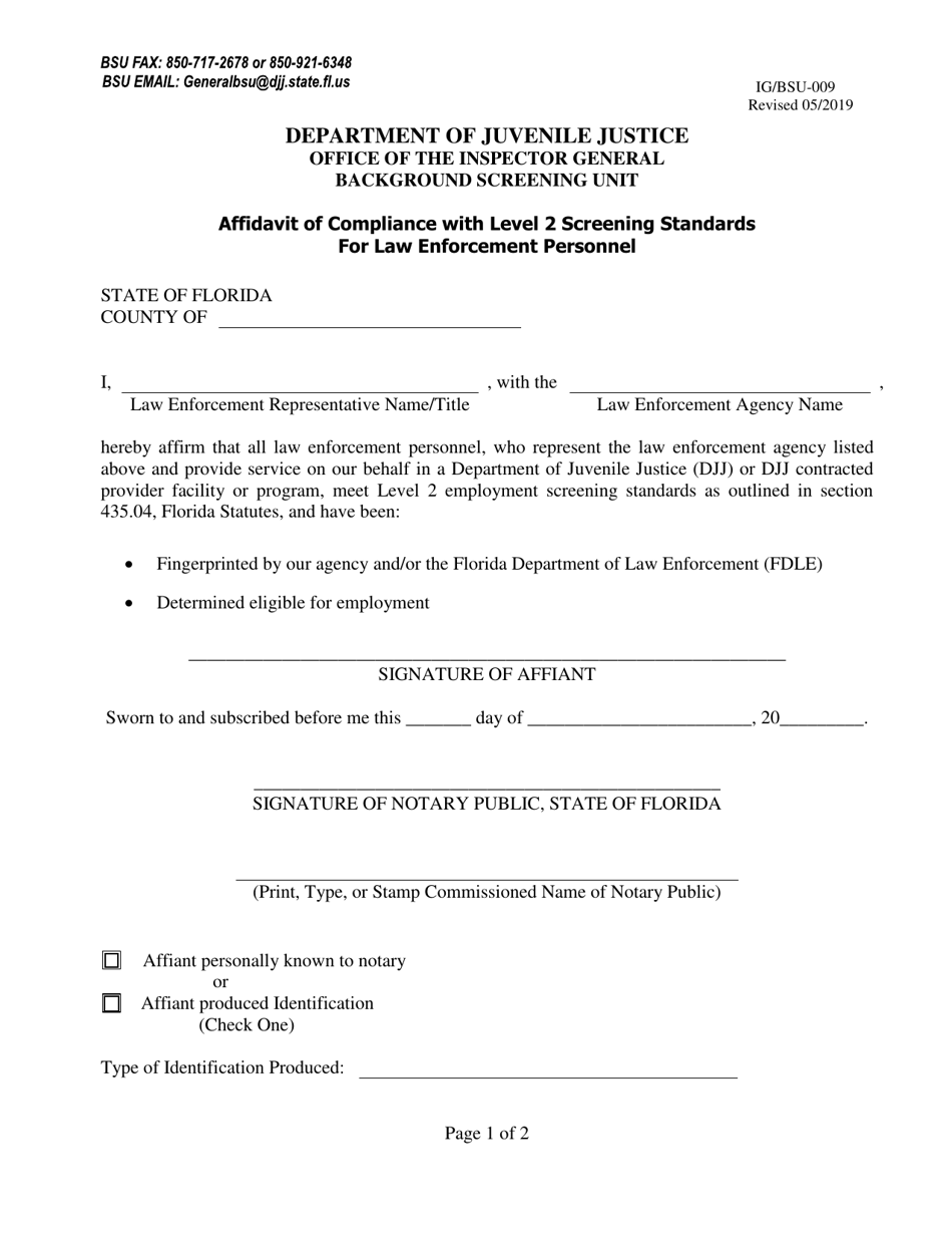 Form IG / BSU-009 Affidavit of Compliance With Level 2 Screening Standards for Law Enforcement Personnel - Florida, Page 1