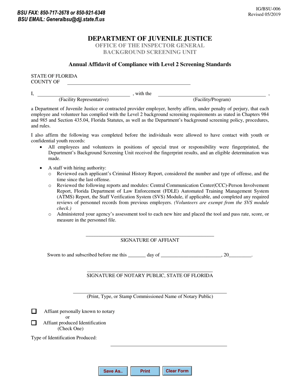 Form IG / BSU-006 Annual Affidavit of Compliance With Level 2 Screening Standards - Florida, Page 1