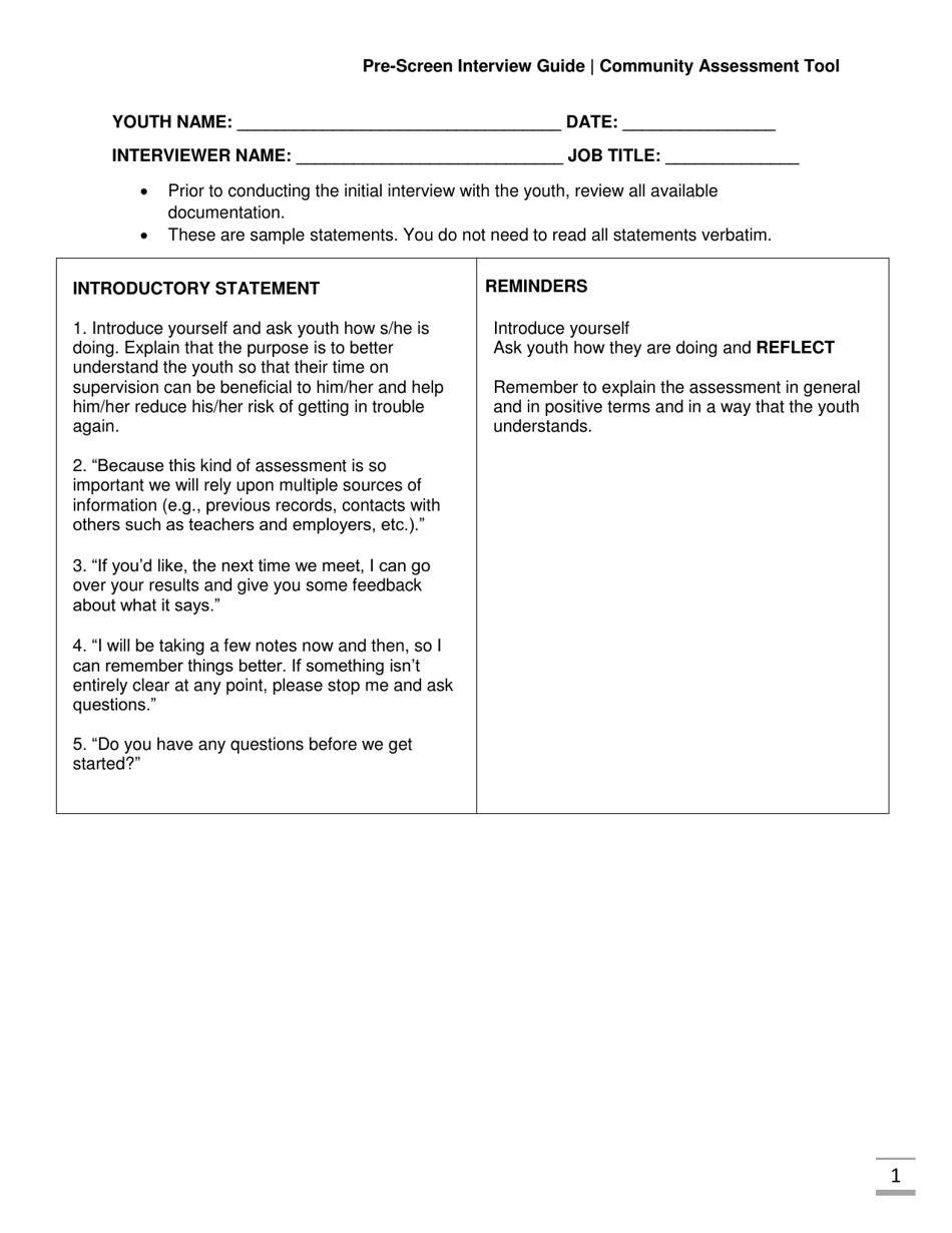 Community Assessment Tool Pre-screen Interview Guide - Florida, Page 1