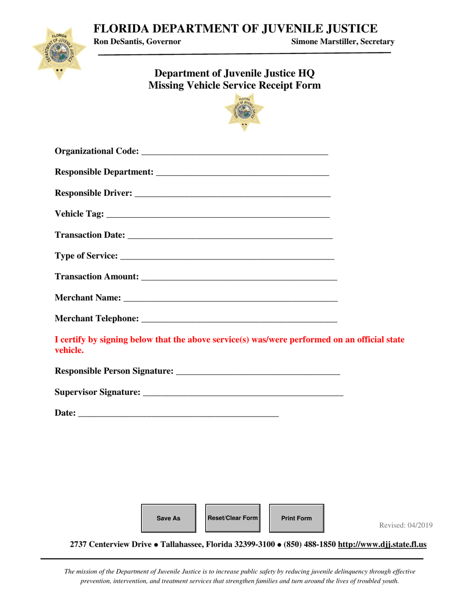 Missing Vehicle Service Receipt Form - Florida, Page 1