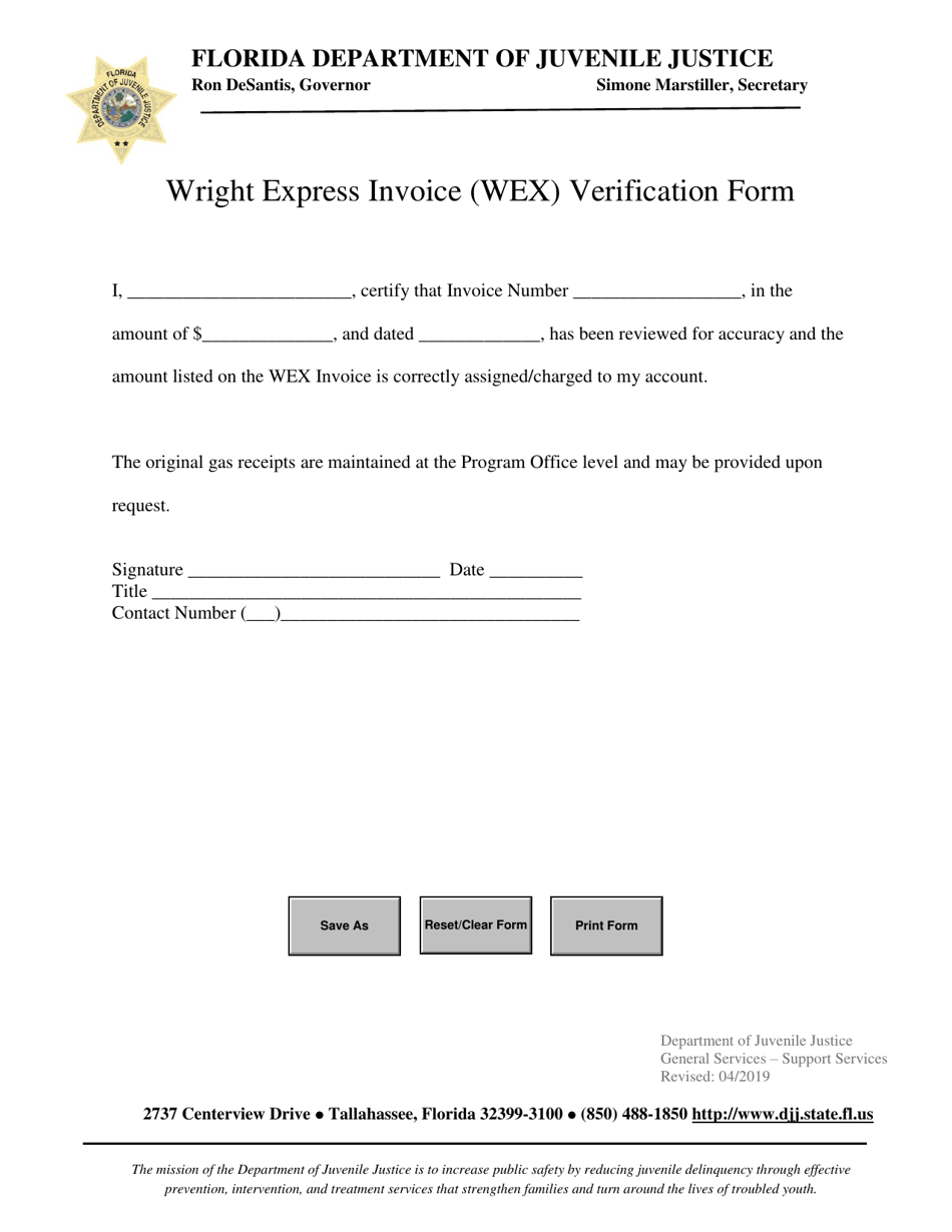 Wright Express Invoice (Wex) Verification Form - Florida, Page 1
