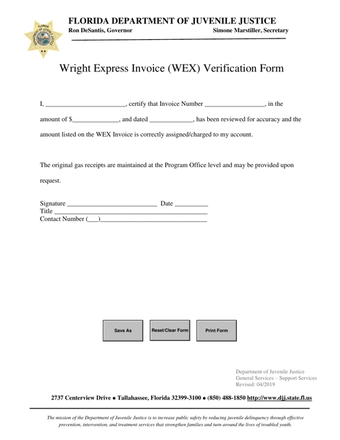 Wright Express Invoice (Wex) Verification Form - Florida Download Pdf