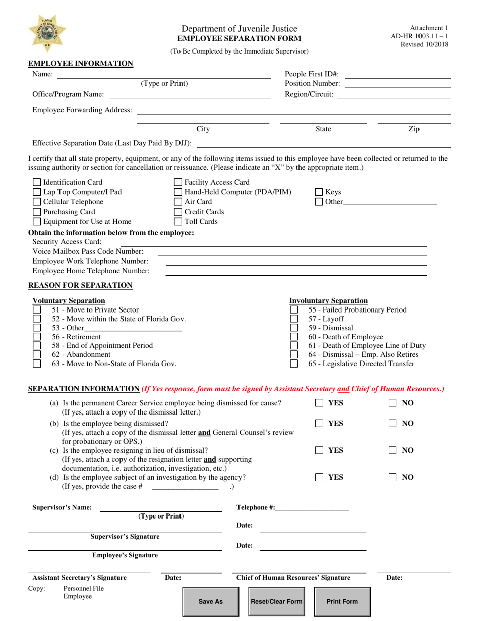 Attachment 1 Employee Separation Form - Florida, Page 1