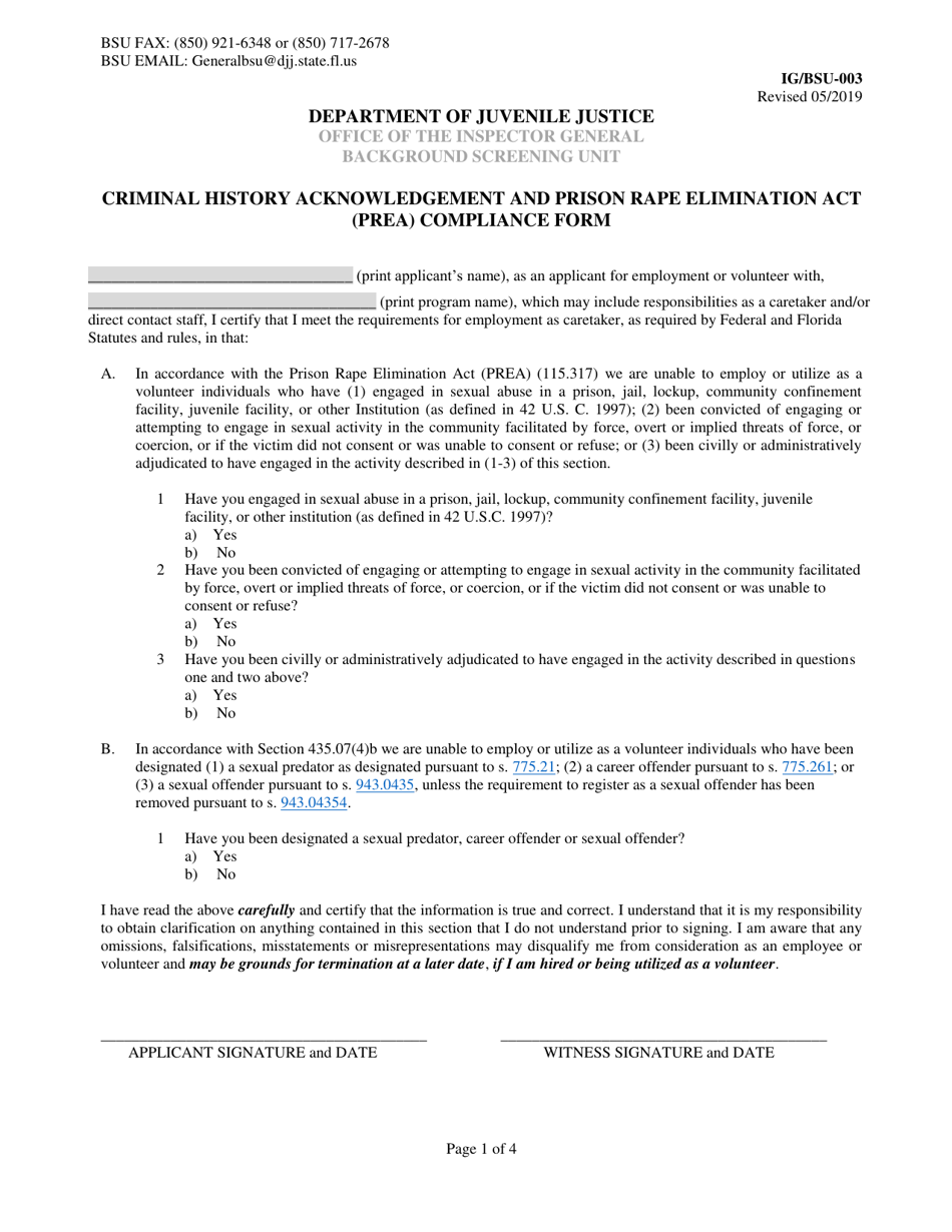 Form IG / BSU-003 Criminal History Acknowledgement and Prison Rape Elimination Act (Prea) Compliance Form - Florida, Page 1