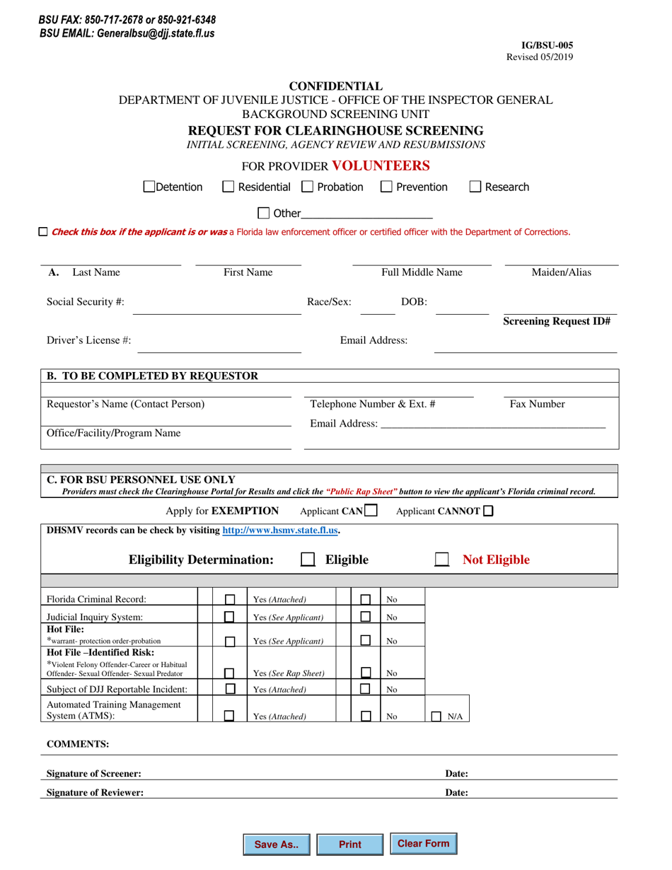 Form IG / BSU-005 Request for Clearinghouse Screening for Provider Volunteers - Florida, Page 1