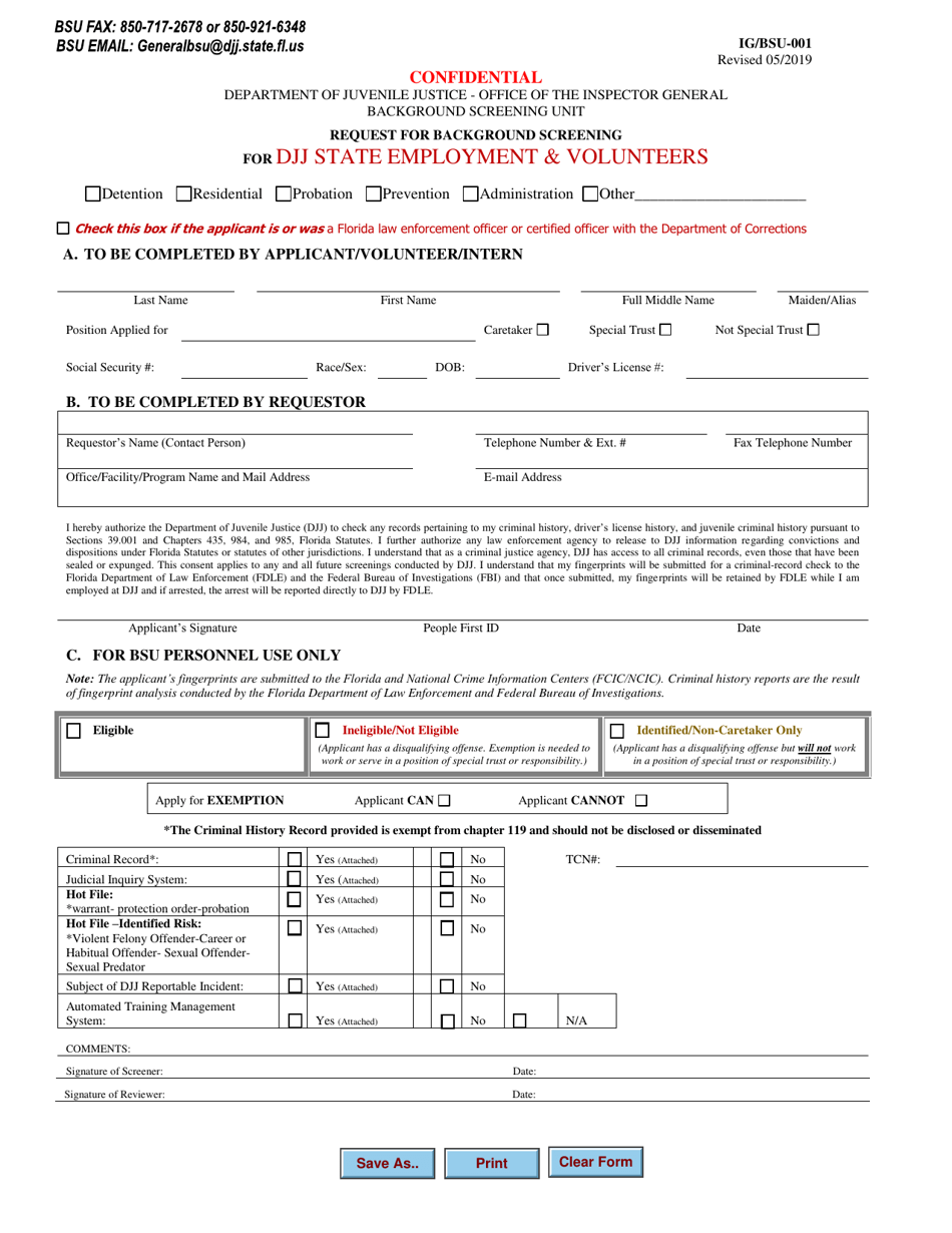 Form IG / BSU-001 Request for Background Screening for DJJ State Employment  Volunteers - Florida, Page 1
