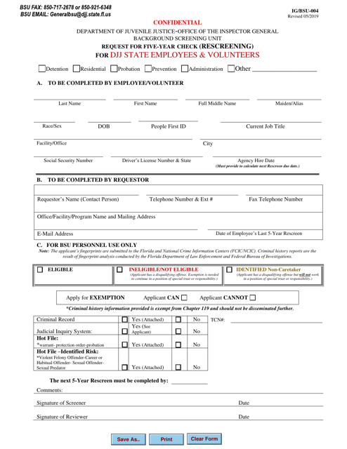 Form IG/BSU-004 Request for Five-Year Check (Rescreening) for DJJ State Employees & Volunteers - Florida