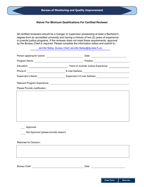 Waiver for Minimum Qualifications for Certified Reviewer - Florida Download Pdf
