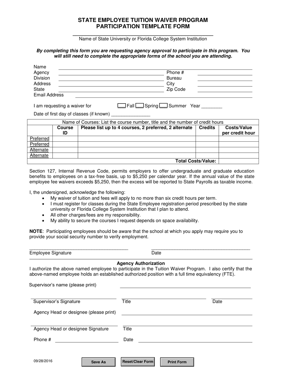State Employee Tuition Waiver Program Participation Template Form - Florida, Page 1