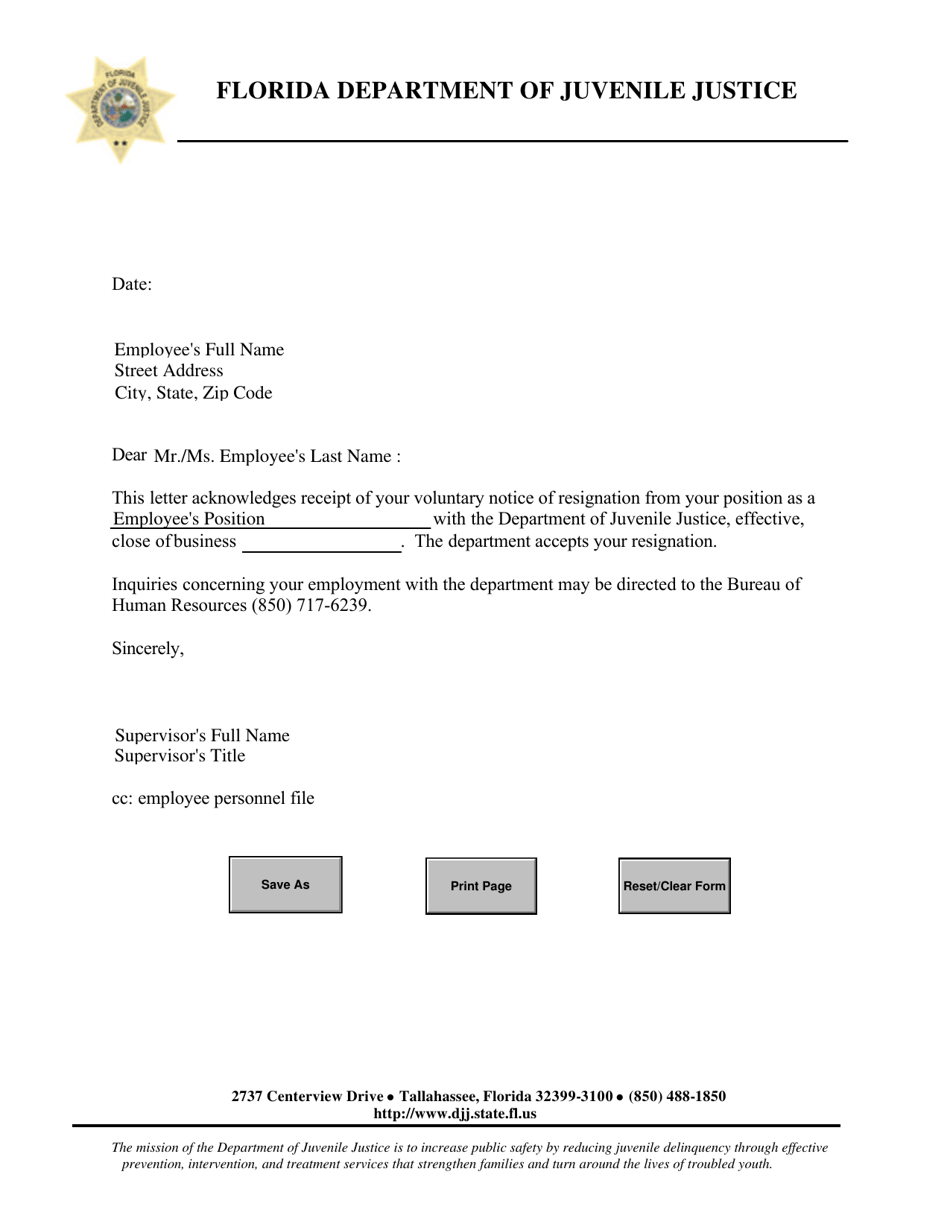 Resignation Acknowledgement Letter - Florida, Page 1