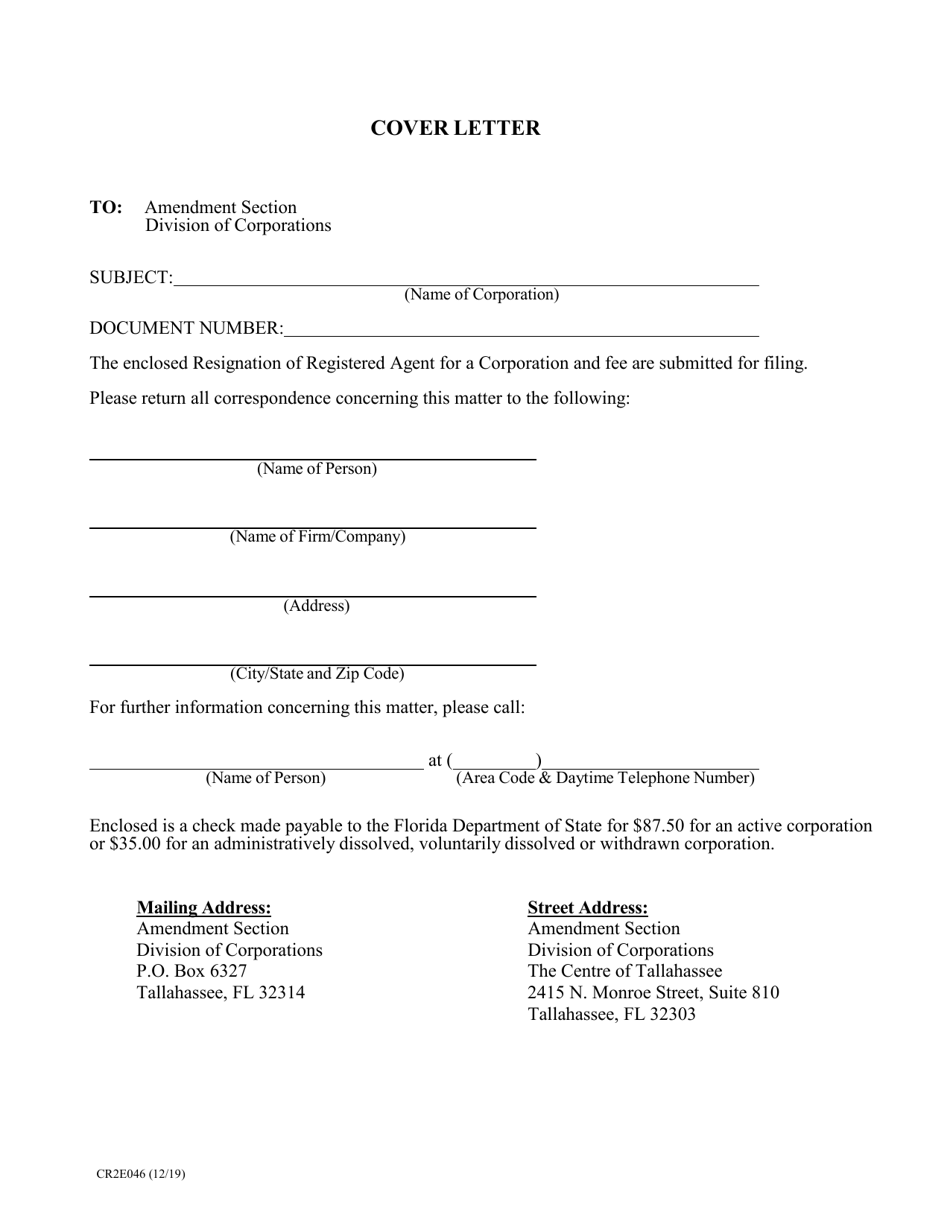 Form CR2E046 Resignation of Registered Agent for a Corporation - Florida, Page 1