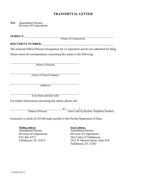Form CR2E044 Officer/Director Resignation for a Corporation - Florida