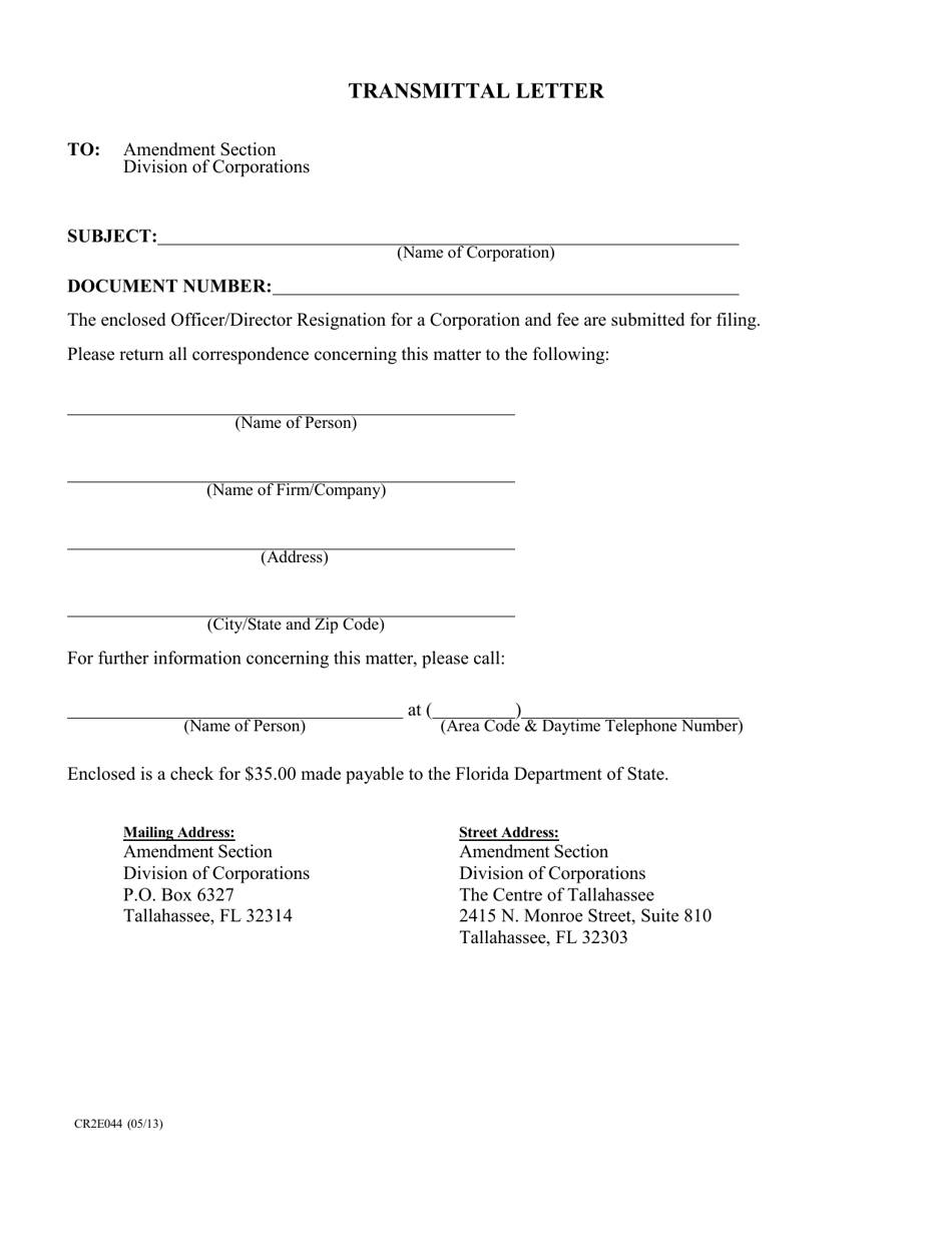 Form CR2E044 Officer / Director Resignation for a Corporation - Florida, Page 1