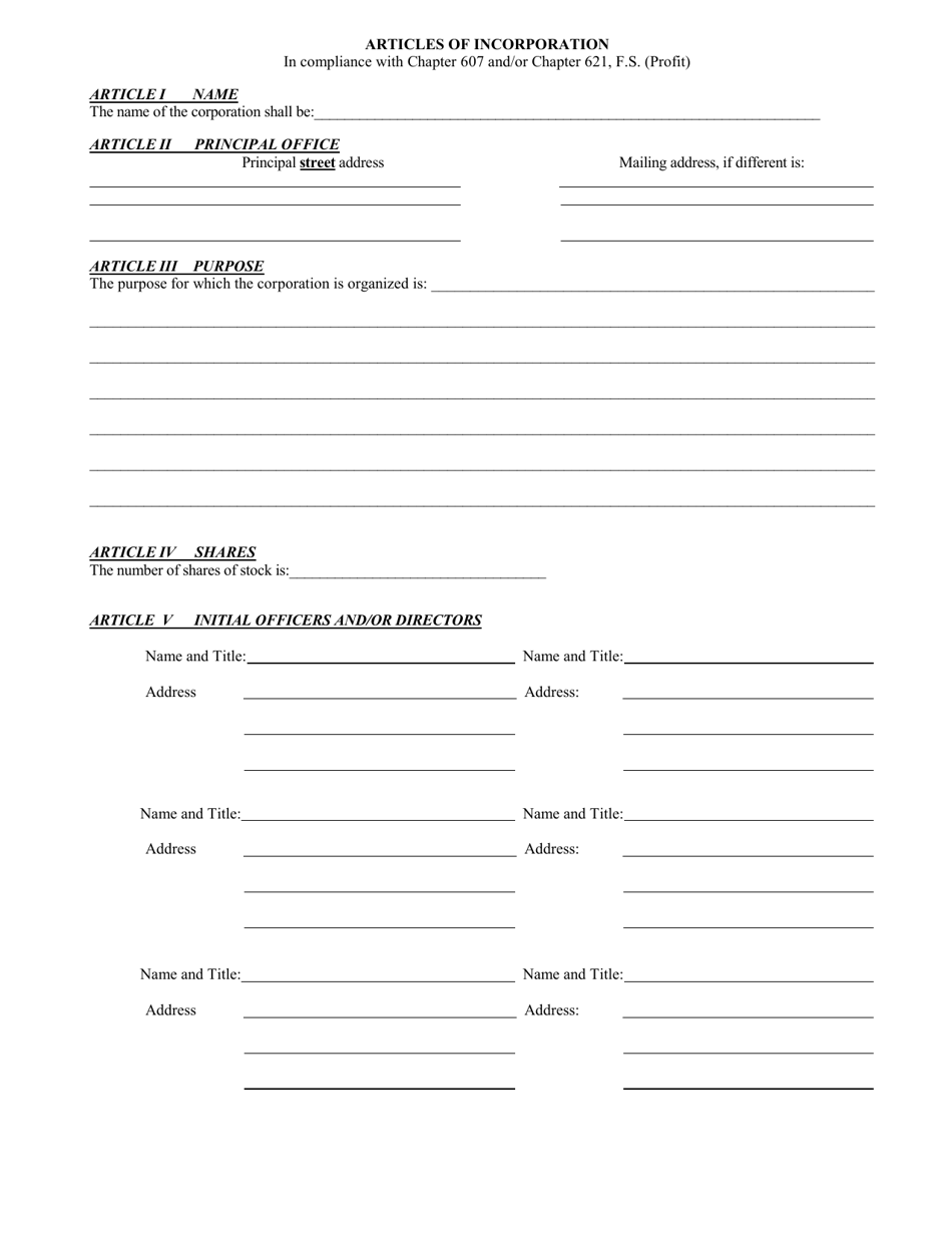 Form CR2E010 Articles of Incorporation (Profit Corporation) - Florida, Page 4