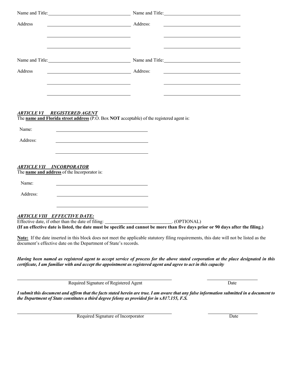 Form CR2E006 Non-profit Articles of Incorporation - Florida, Page 5