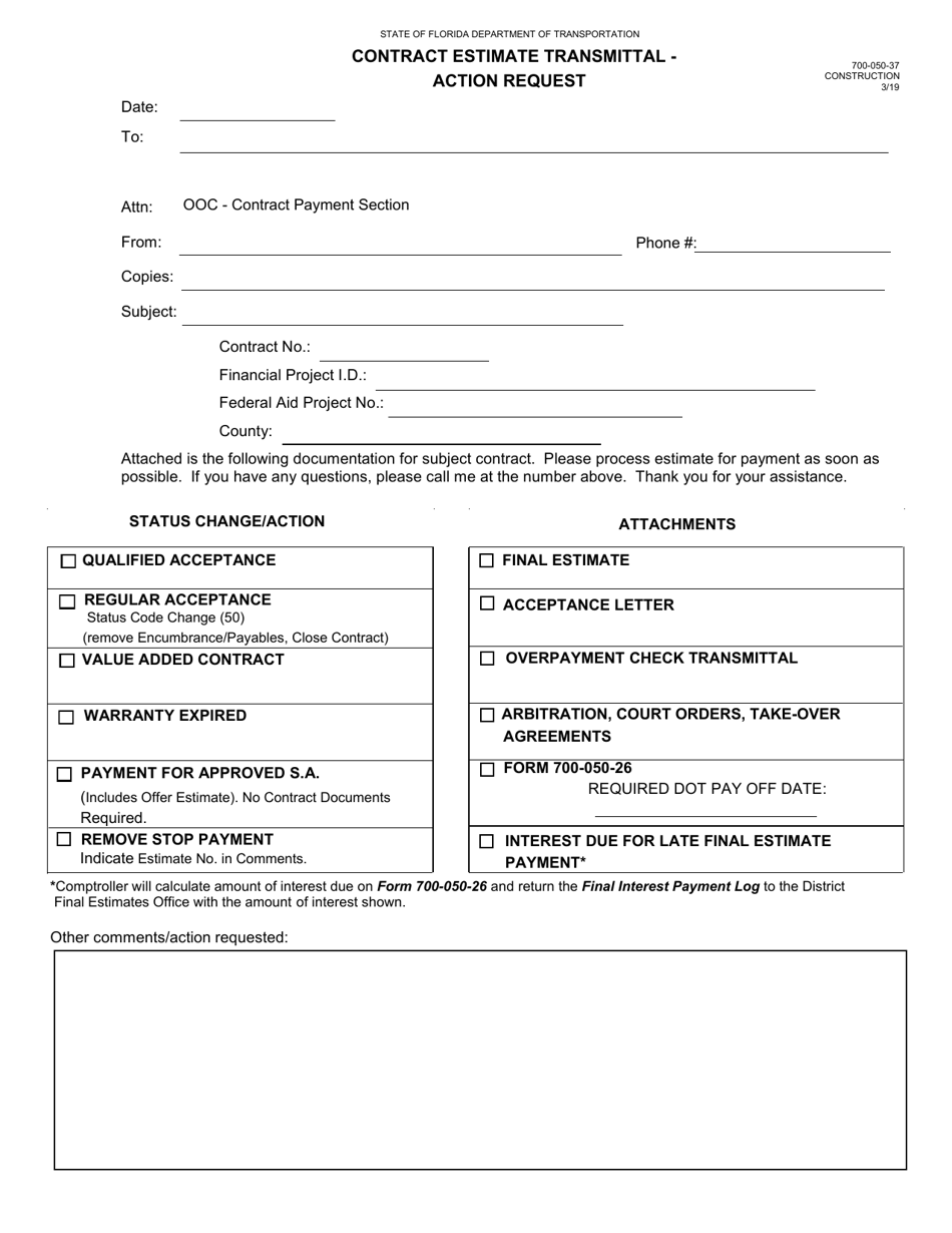 Form 700-050-37 Contract Estimate Transmittal - Action Request - Florida, Page 1