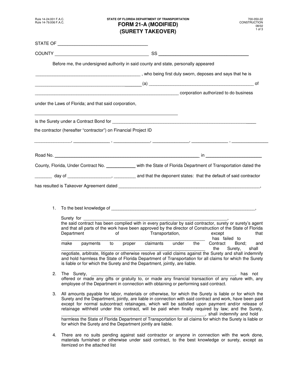 Form 21-A (700-050-22) Surety Takeover - Florida, Page 1
