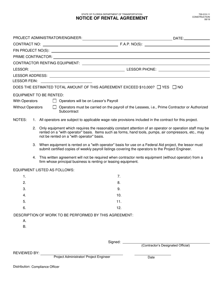 Form 700-010-11 Notice of Rental Agreement - Florida, Page 1