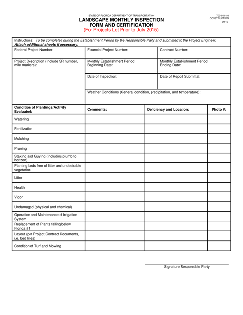 Form 700-011-10 Landscape Monthly Inspection Form and Certification - Florida