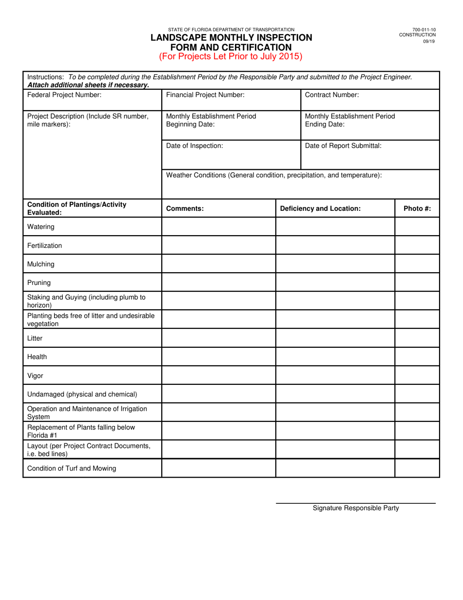Form 700-011-10 Landscape Monthly Inspection Form and Certification - Florida, Page 1