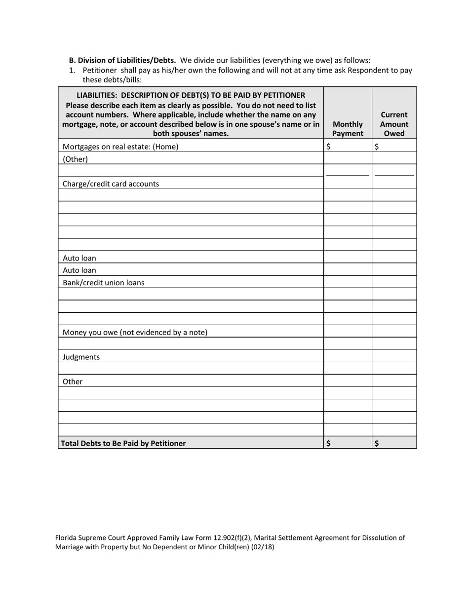 Form 12.902(F)(2) Marital Settlement Agreement for Dissolution of Marriage With Property but No Dependent or Minor Child(Ren) - Florida, Page 13