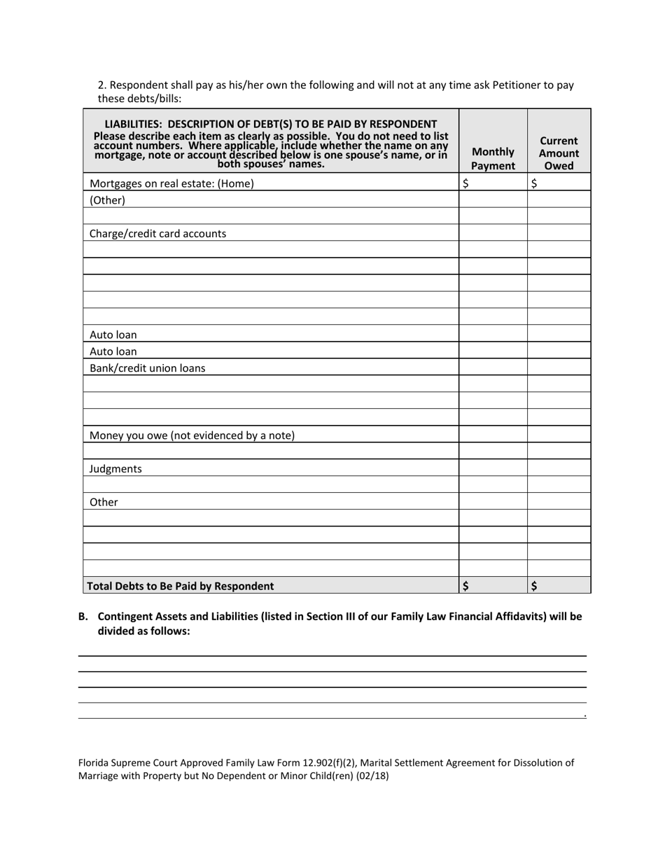 Form 12.902(F)(2) Marital Settlement Agreement for Dissolution of Marriage With Property but No Dependent or Minor Child(Ren) - Florida, Page 14
