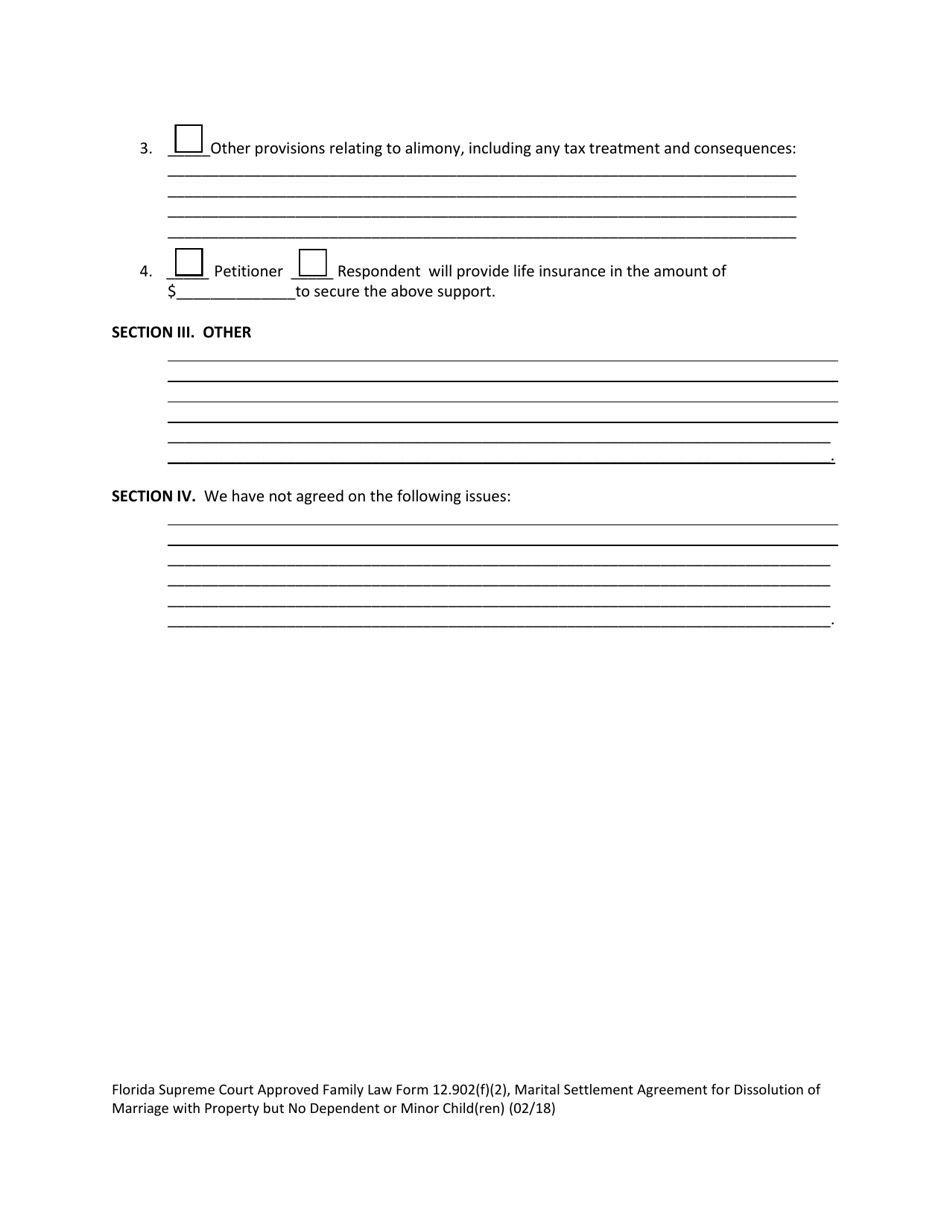 Form 12.902(F)(2) Marital Settlement Agreement for Dissolution of Marriage With Property but No Dependent or Minor Child(Ren) - Florida, Page 16