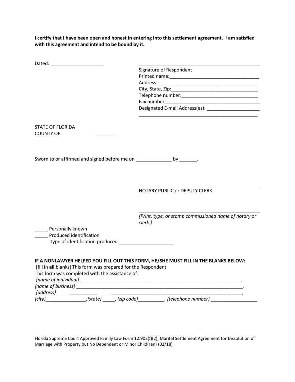 Form 12.902(F)(2) Marital Settlement Agreement for Dissolution of Marriage With Property but No Dependent or Minor Child(Ren) - Florida, Page 18