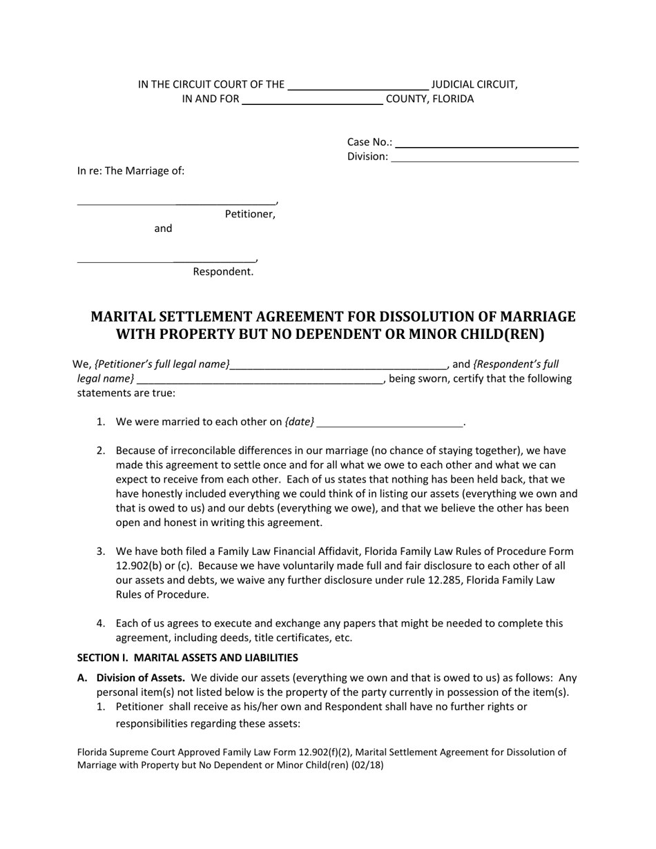 Form 12.902(F)(2) Marital Settlement Agreement for Dissolution of Marriage With Property but No Dependent or Minor Child(Ren) - Florida, Page 3