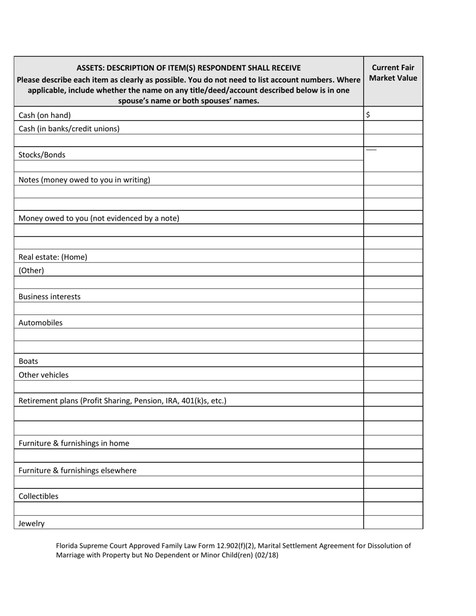 Form 12.902(F)(2) Marital Settlement Agreement for Dissolution of Marriage With Property but No Dependent or Minor Child(Ren) - Florida, Page 6