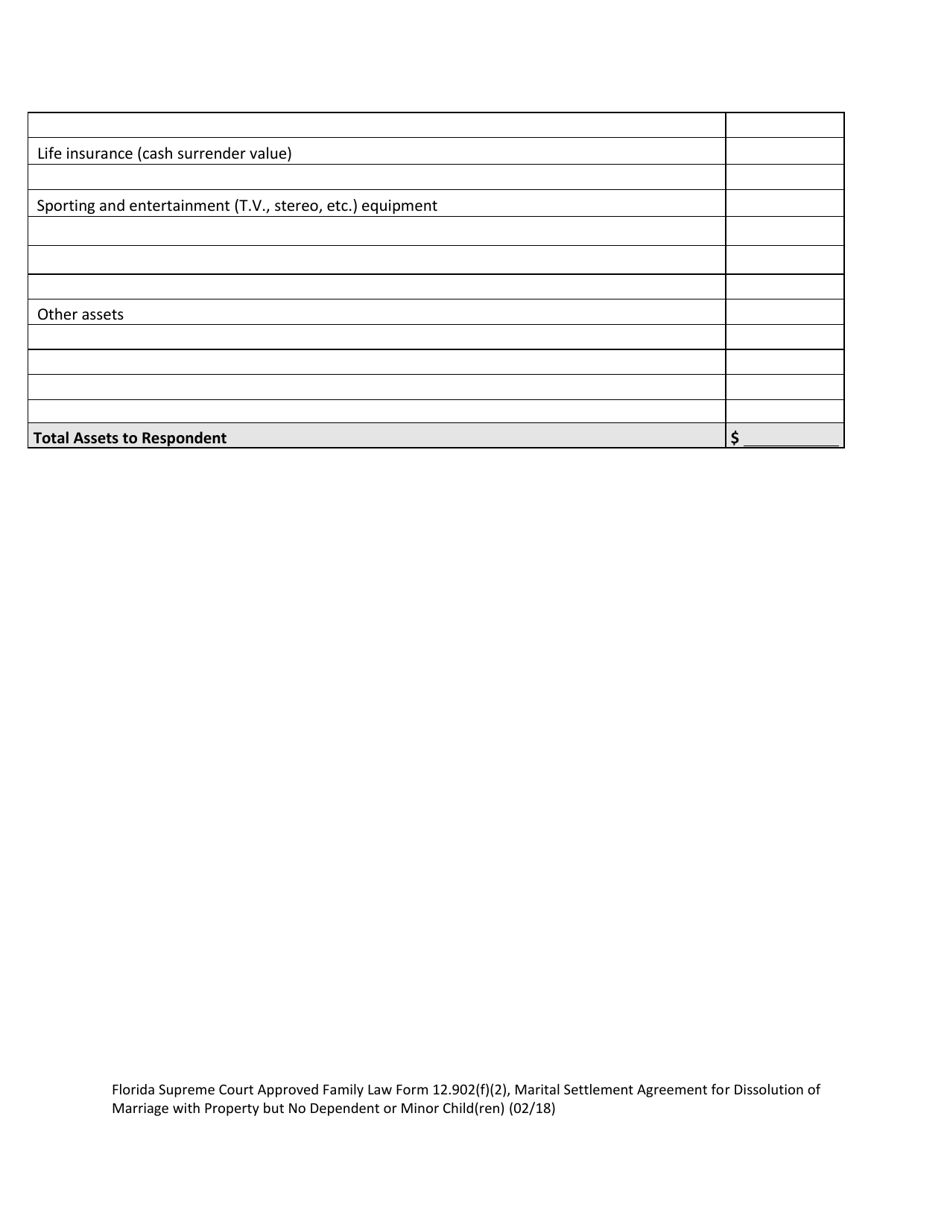 Form 12.902(F)(2) Marital Settlement Agreement for Dissolution of Marriage With Property but No Dependent or Minor Child(Ren) - Florida, Page 7