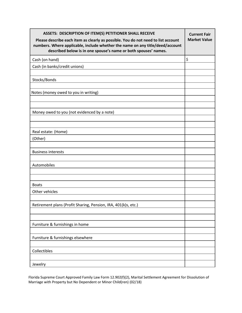 Form 12.902(F)(2) Marital Settlement Agreement for Dissolution of Marriage With Property but No Dependent or Minor Child(Ren) - Florida, Page 8