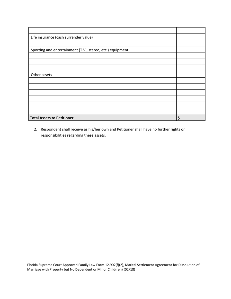 Form 12.902(F)(2) Marital Settlement Agreement for Dissolution of Marriage With Property but No Dependent or Minor Child(Ren) - Florida, Page 9