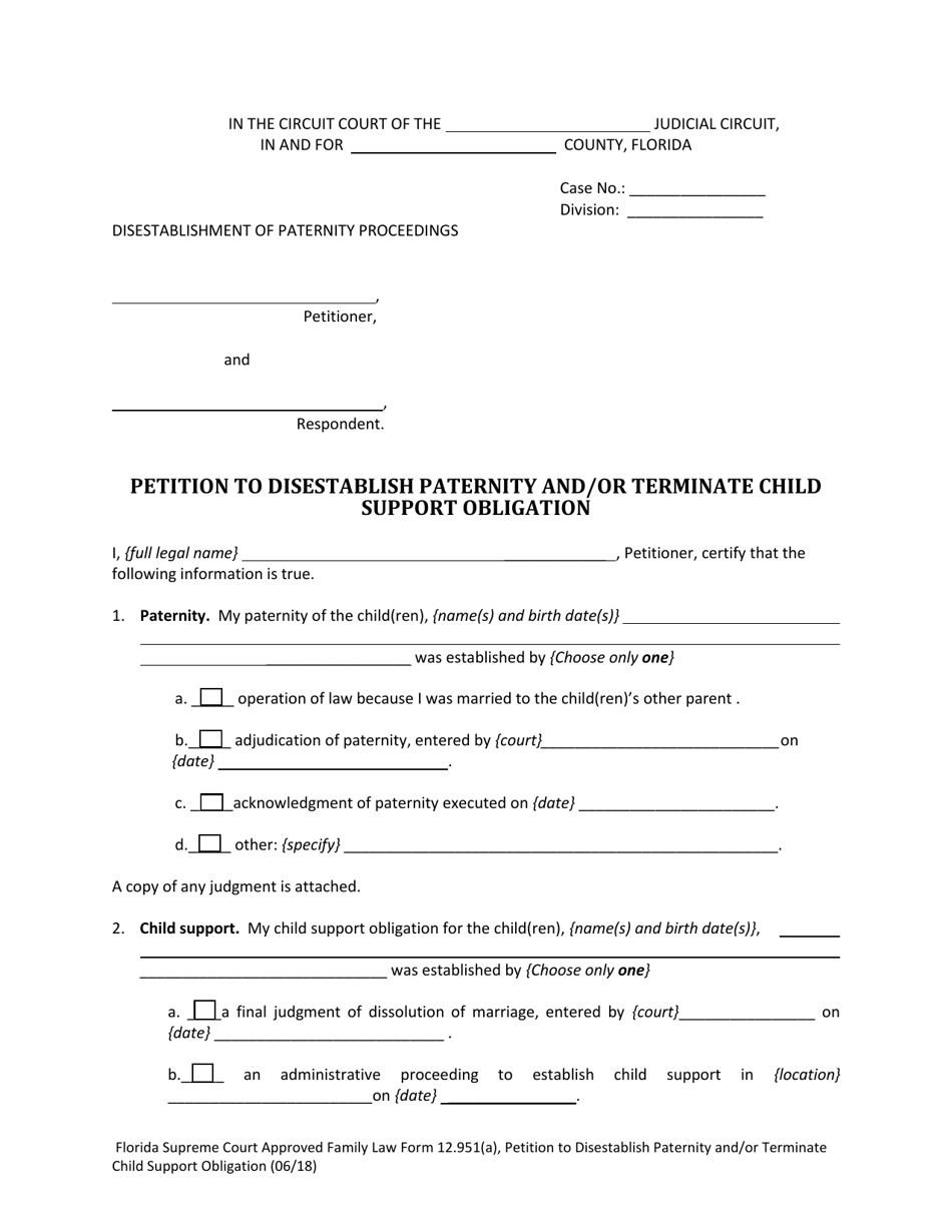 Form 12.951(A) Petition to Disestablish Paternity and / or Terminate Child Support Obligation - Florida, Page 3