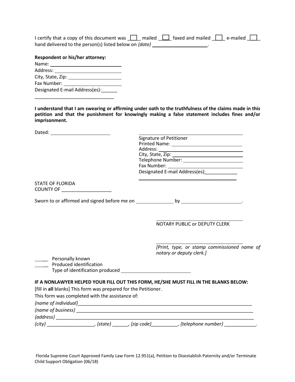 Form 12.951(A) Petition to Disestablish Paternity and / or Terminate Child Support Obligation - Florida, Page 5