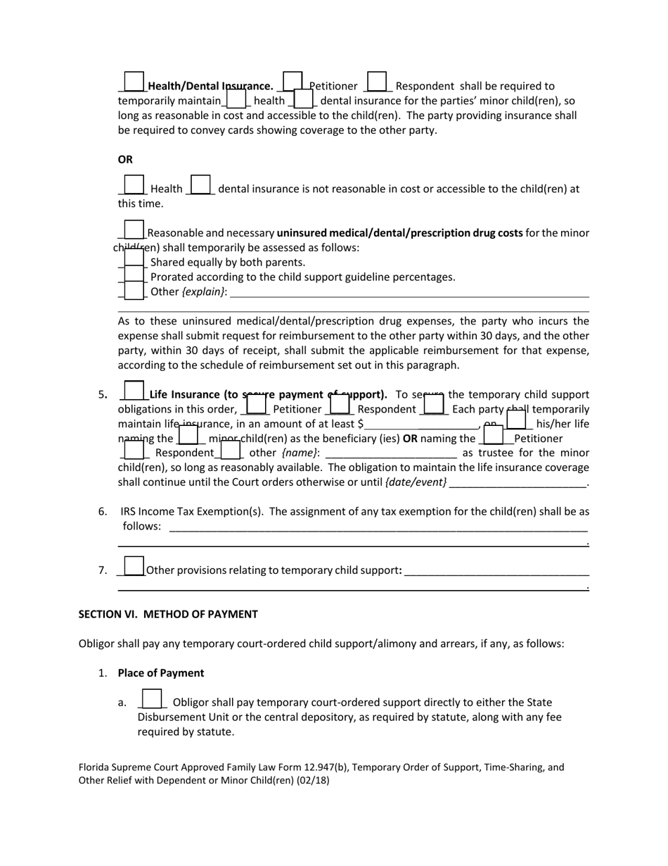 Family Law Form 12.947(B) Temporary Order of Support, Time-Sharing, and Other Relief With Dependent or Minor Child(Ren) - Florida, Page 10