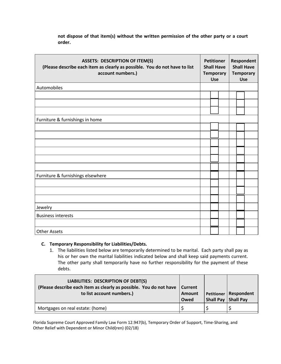Family Law Form 12.947(B) Temporary Order of Support, Time-Sharing, and Other Relief With Dependent or Minor Child(Ren) - Florida, Page 2