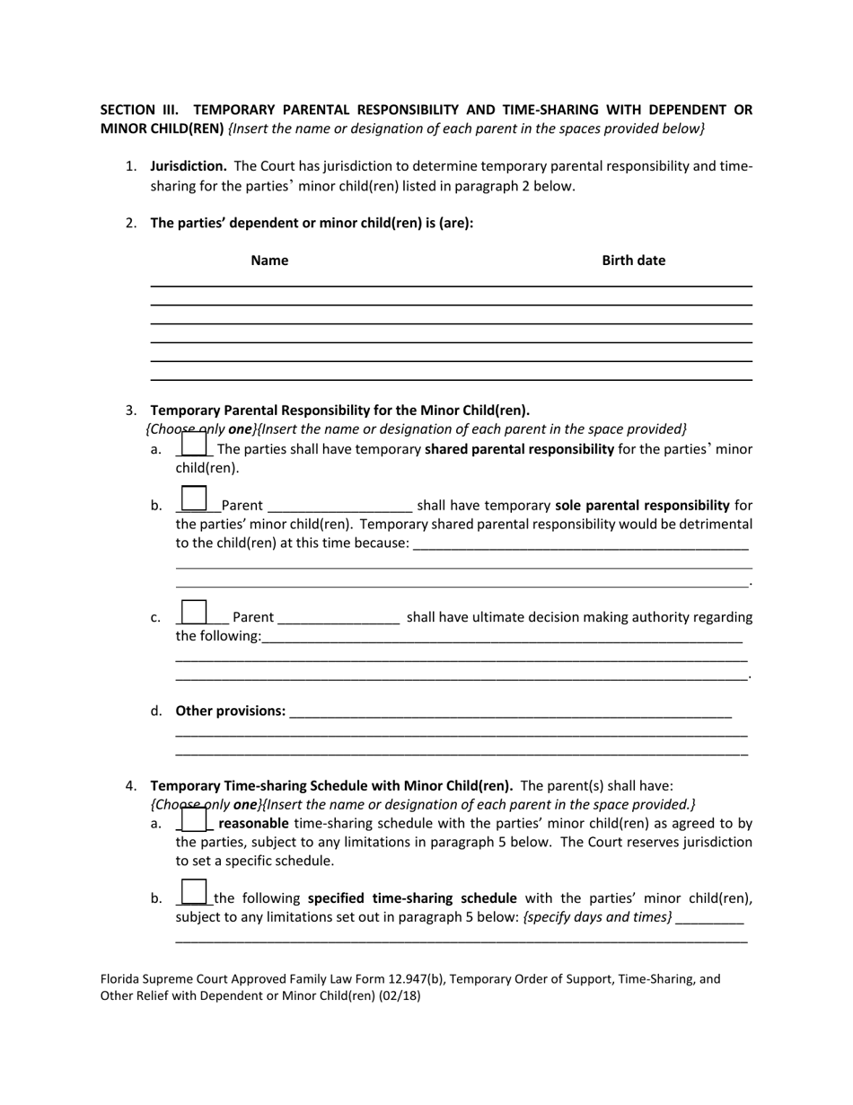 Family Law Form 12.947(B) Temporary Order of Support, Time-Sharing, and Other Relief With Dependent or Minor Child(Ren) - Florida, Page 4