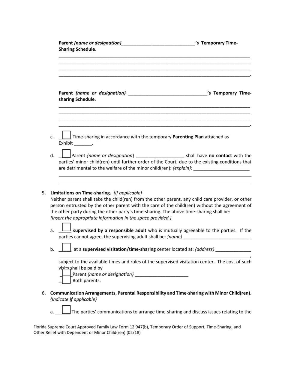 Family Law Form 12.947(B) Temporary Order of Support, Time-Sharing, and Other Relief With Dependent or Minor Child(Ren) - Florida, Page 5